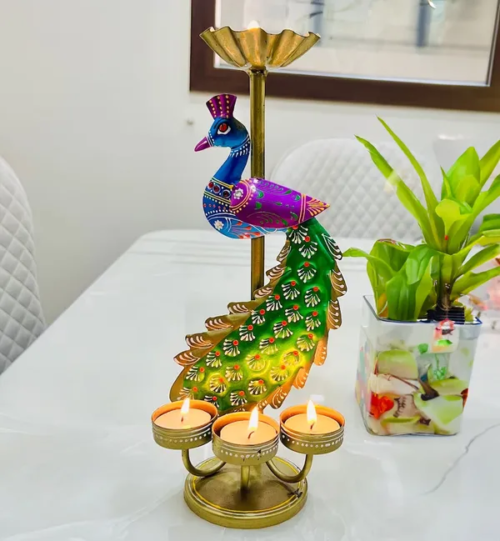 Metal peacock T light candle holder