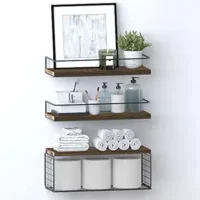 41QnIkHcaSL._SX300_SY300_QL70_FMwebp_ Floating Shelves Wall Mounted Shelves with Black Storage Basket and Protective Guards,Bathroom Shelf Over Toilet,Wooden Shelves for Bedroom,Living Room,Kitchen-Paulownia