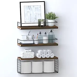 Floating Shelves Wall Mounted Shelves with Black Storage Basket and Protective Guards,Bathroom Shelf Over Toilet,Wooden Shelves for Bedroom,Living Room,Kitchen-Paulownia