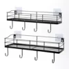 Metal Black Floating Shelves Wall Mounted with 8 Hanging Hooks, 15-Inch Iron Adhesive Shower Shelf Organizer for Bathroom Kitchen Storage Rack, Set of 2