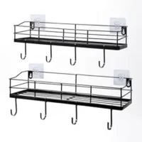 Metal Black Floating Shelves Wall Mounted with 8 Hanging Hooks, 15-Inch Iron Adhesive Shower Shelf Organizer for Bathroom Kitchen Storage Rack, Set of 2