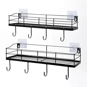 Metal Black Floating Shelves Wall Mounted with 8 Hanging Hooks, 15-Inch Iron Adhesive Shower Shelf Organizer for Bathroom Kitchen Storage Rack, Set of 2