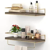 SHARIO White Floating Shelves - Set of 2, Wall Mounted Hanging Shelves with Golden Towel Rack, Decorative Storage Shelves for Bathroom, Kitchen, Living Room & Bedroom (White) (Cedar)