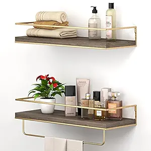 SHARIO White Floating Shelves - Set of 2, Wall Mounted Hanging Shelves with Golden Towel Rack, Decorative Storage Shelves for Bathroom, Kitchen, Living Room & Bedroom (White) (Cedar)