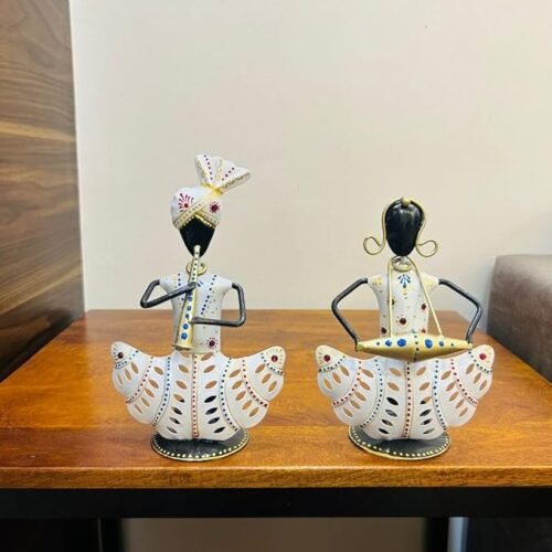 Rajasthani Tribal Musician Couple Tealight Playing Instrument Showpiece | Metal Home Decor Items | Home Decorative Items for Living Room | Multicolor | Set of 2