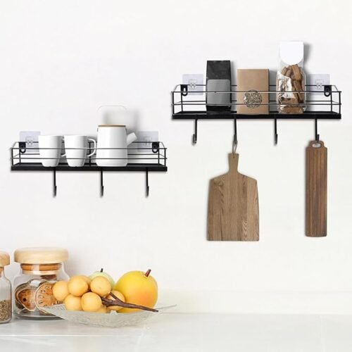 Metal Black Floating Shelves Wall Mounted with 8 Hanging Hooks, 15-Inch Iron Adhesive Shower Shelf Organizer for Bathroom Kitchen Storage Rack, Set of 2