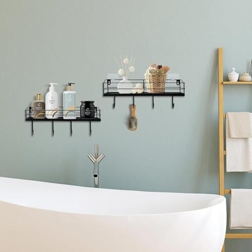 Metal Black Floating Shelves Wall Mounted with 8 Hanging Hooks, 15-Inch Iron Adhesive Shower Shelf Organizer for Bathroom Kitchen Storage Rack, Set of 2