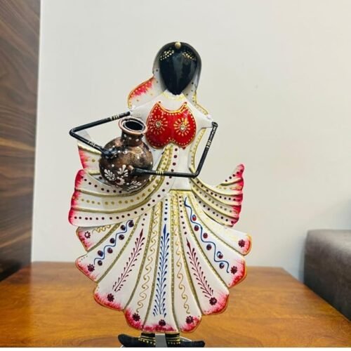Metal Rajasthani Multicolor Matka Doll Lady Decorative Musician Showpiece, Table Decorative Items for Home,