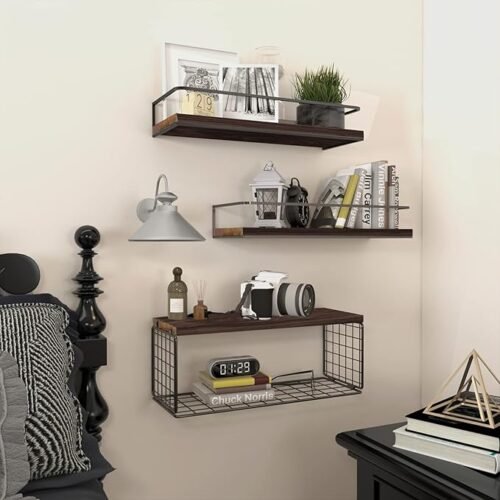 Floating Shelves Wall Mounted Shelves with Black Storage Basket and Protective Guards,Bathroom Shelf Over Toilet,Wooden Shelves for Bedroom,Living Room,Kitchen-Paulownia