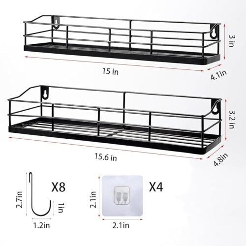 Metal Black Floating Shelves Wall Mounted with 8 Hanging Hooks, 15-Inch Iron Adhesive Shower Shelf Organizer for Bathroom Kitchen Storage Rack, Set of 2