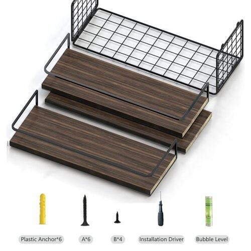 Floating Shelves Wall Mounted Shelves with Black Storage Basket and Protective Guards,Bathroom Shelf Over Toilet,Wooden Shelves for Bedroom,Living Room,Kitchen-Paulownia