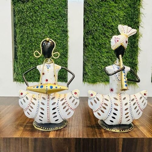 Rajasthani Tribal Musician Couple Tealight Playing Instrument Showpiece | Metal Home Decor Items | Home Decorative Items for Living Room | Multicolor | Set of 2