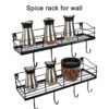 Metal Black Floating Shelves Wall Mounted with 8 Hanging Hooks, 15-Inch Iron Adhesive Shower Shelf Organizer for Bathroom Kitchen Storage Rack, Set of 2