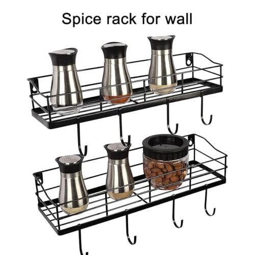 Metal Black Floating Shelves Wall Mounted with 8 Hanging Hooks, 15-Inch Iron Adhesive Shower Shelf Organizer for Bathroom Kitchen Storage Rack, Set of 2