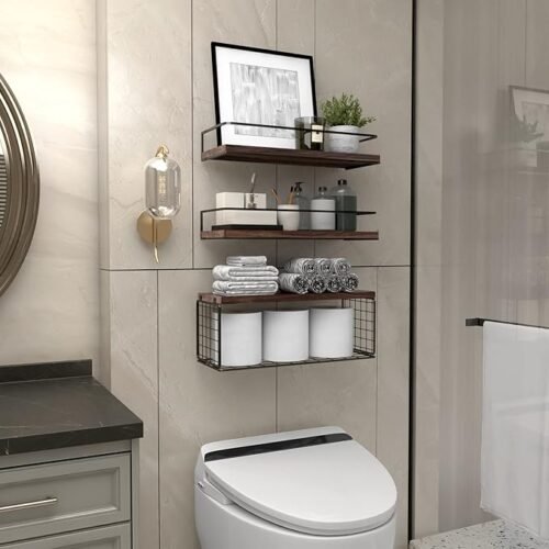 Floating Shelves Wall Mounted Shelves with Black Storage Basket and Protective Guards,Bathroom Shelf Over Toilet,Wooden Shelves for Bedroom,Living Room,Kitchen-Paulownia