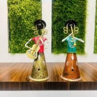 Metal Musician Lady Playing Guitar Set of 2 Decorative Showpiece Table Decor