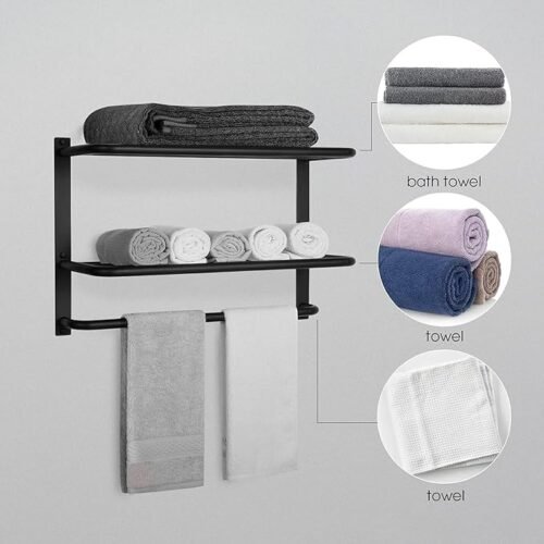 Towel Rack for Bathroom Organization Bathroom Accessories and Style Wall Mount Shelf Organizer with Space-Saving, Durable (Matte Black)
