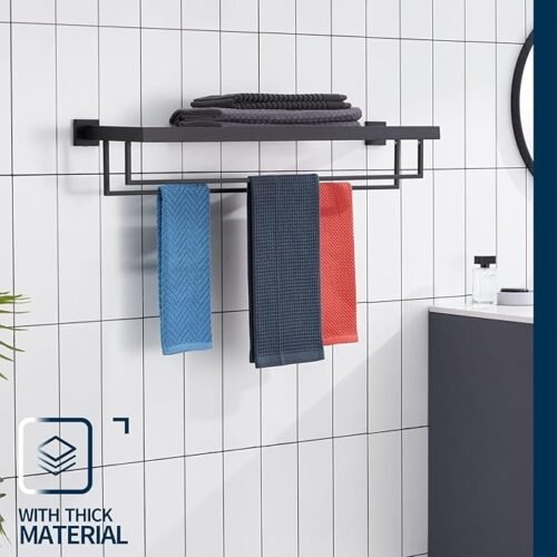 Towel Rack for Bathroom Organization Bathroom Accessories and Style Wall Mount Shelf Organizer with Space-Saving, Durable (18 Inches-Black)