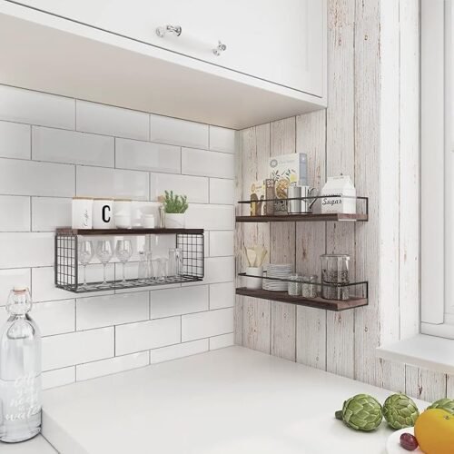 Floating Shelves Wall Mounted Shelves with Black Storage Basket and Protective Guards,Bathroom Shelf Over Toilet,Wooden Shelves for Bedroom,Living Room,Kitchen-Paulownia