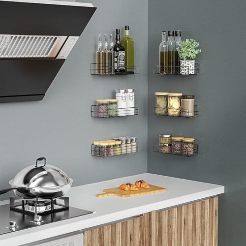 Spice Rack Organizer Wall Mount (6Pack), Hanging Black Spice Pantry Organization Storage Shelf, Farmhouse Seasoning Organizer, Flexible Wall Shelves, Kitchen Essentials Home Decor